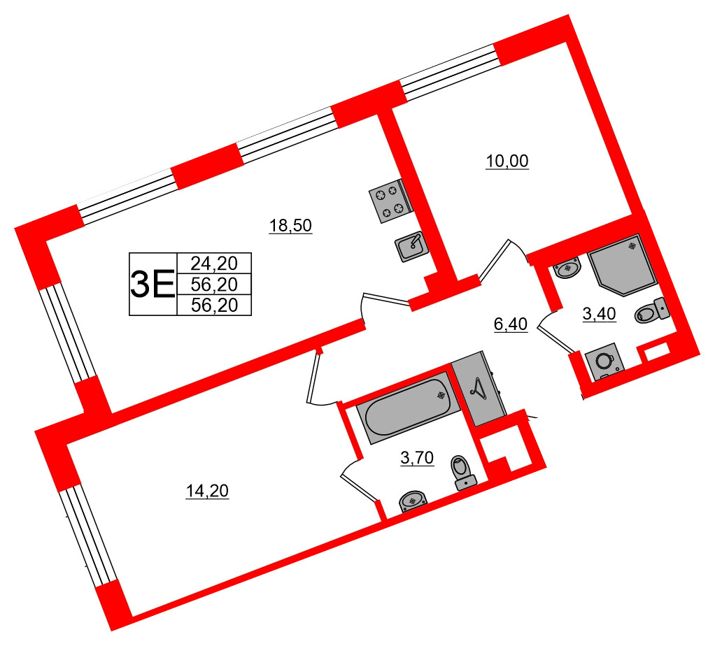 Квартира в ЖК «Пулково Lake», 2 комнатная, 56.2 м², 3 этаж