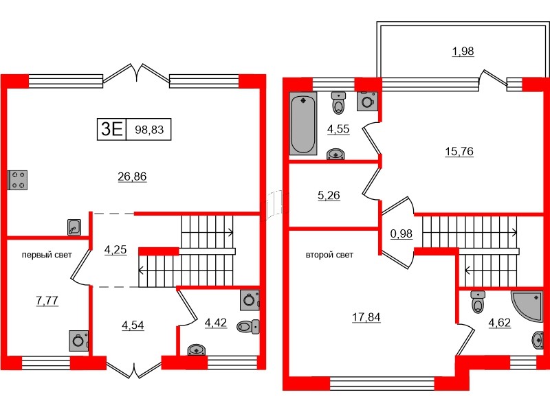 Квартира в ЖК «Моменты Репино», 2 комнатная, 98.83 м², 1 этаж