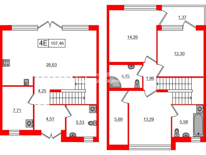 Квартира в ЖК Моменты. Repino, 3 комнатная, 107.46 м², 1 этаж