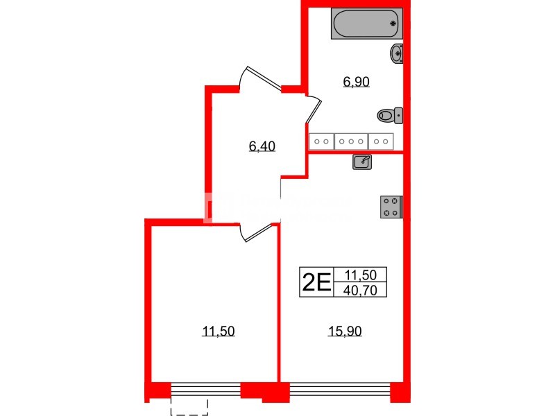 Квартира в ЖК Струны, 1 комнатная, 40.7 м², 3 этаж