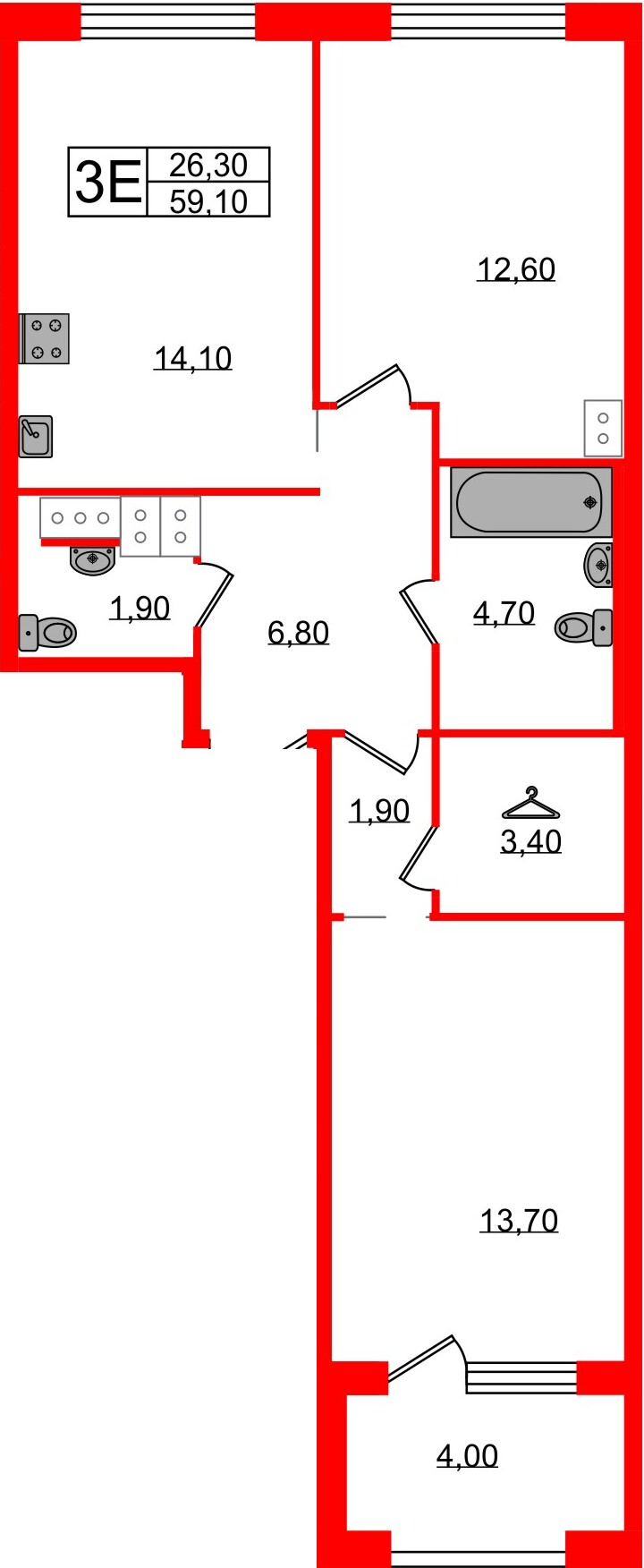 Квартира в ЖК Струны, 2 комнатная, 59.1 м², 16 этаж