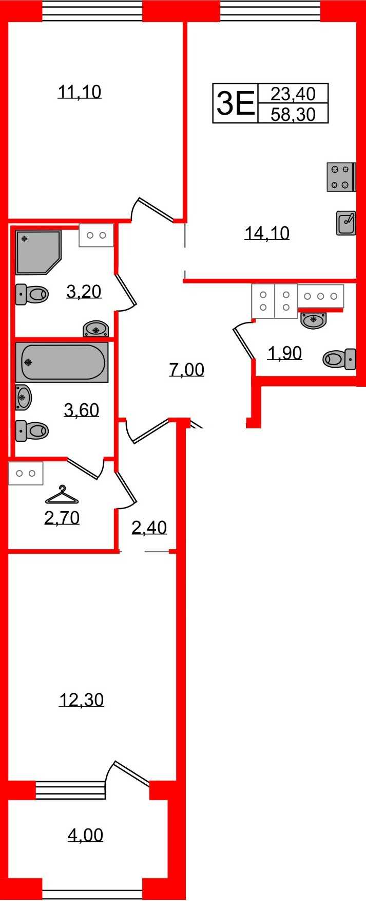 Квартира в ЖК Струны, 2 комнатная, 58.3 м², 4 этаж
