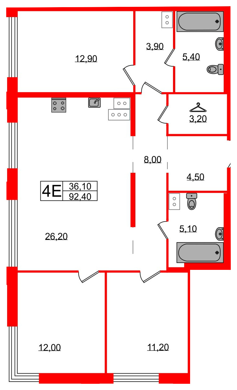 Квартира в ЖК Струны, 3 комнатная, 92.4 м², 15 этаж