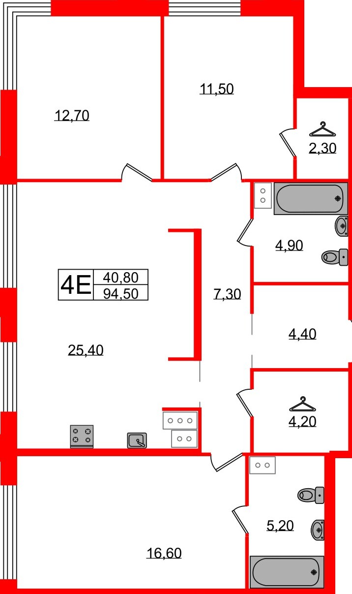 Квартира в ЖК Струны, 3 комнатная, 94.5 м², 9 этаж