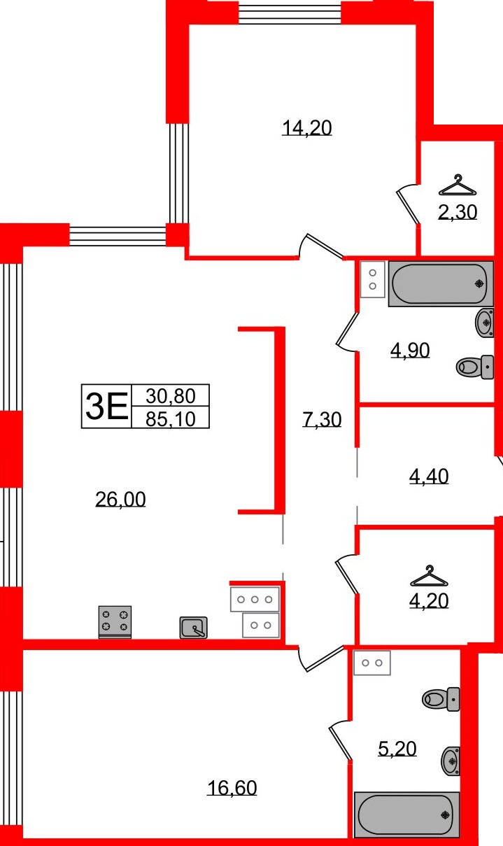Квартира в ЖК Струны, 2 комнатная, 85.1 м², 23 этаж