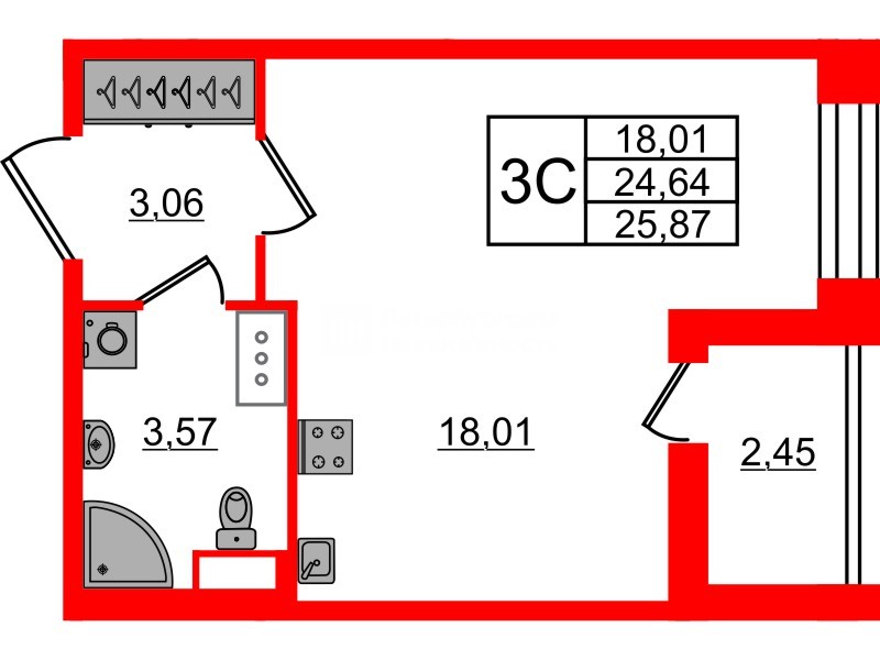 Квартира в ЖК Астра Континенталь, студия, 24.64 м², 9 этаж