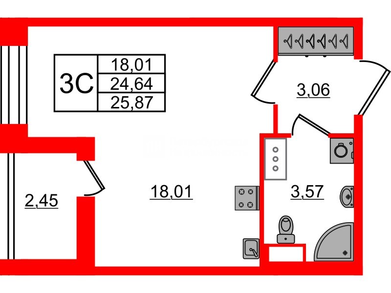 Квартира в ЖК Астра Континенталь, студия, 24.64 м², 11 этаж