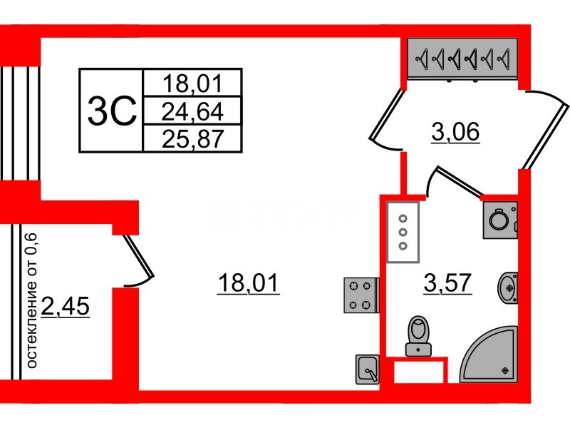 Квартира в ЖК Астра Континенталь, студия, 24.64 м², 10 этаж