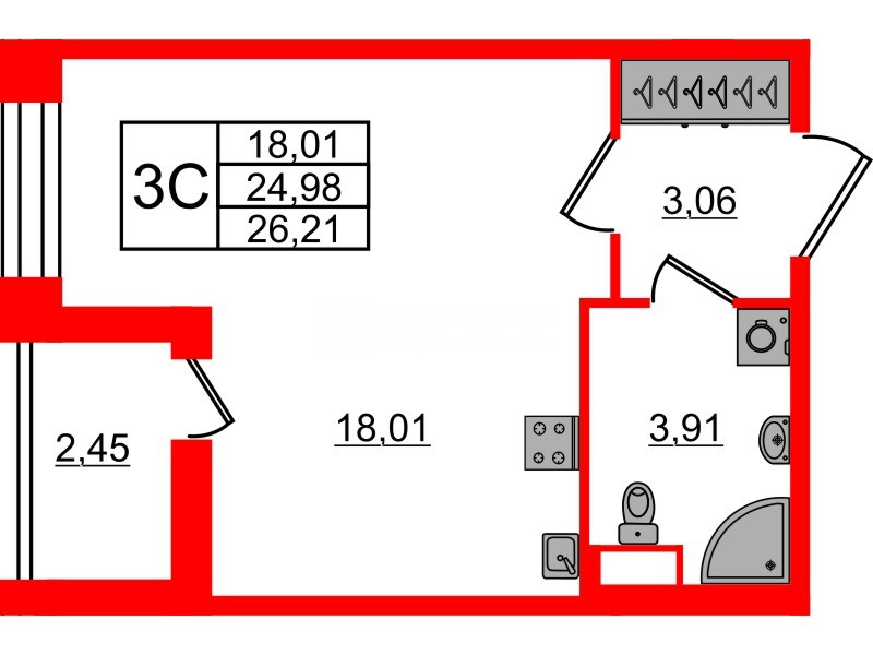 Квартира в ЖК Астра Континенталь, студия, 24.98 м², 2 этаж