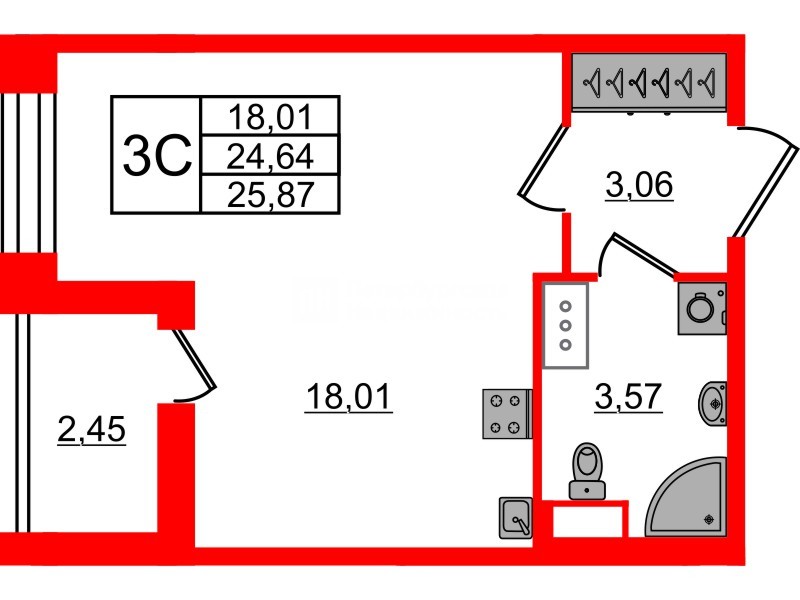 Квартира в ЖК Астра Континенталь, студия, 24.64 м², 8 этаж
