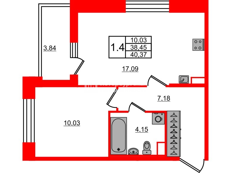 Квартира в ЖК Астра Континенталь, 1 комнатная, 38.45 м², 2 этаж