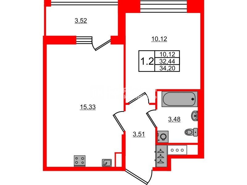 Квартира в ЖК Астра Континенталь, 1 комнатная, 32.44 м², 3 этаж