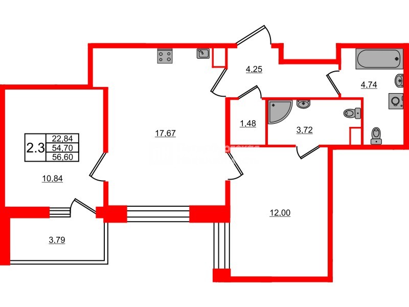 Квартира в ЖК Астра Континенталь, 2 комнатная, 54.7 м², 2 этаж