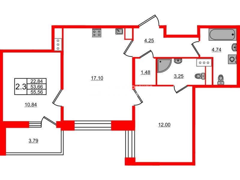 Квартира в ЖК Астра Континенталь, 2 комнатная, 53.66 м², 6 этаж