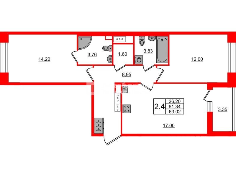 Квартира в ЖК Астра Континенталь, 2 комнатная, 61.34 м², 4 этаж