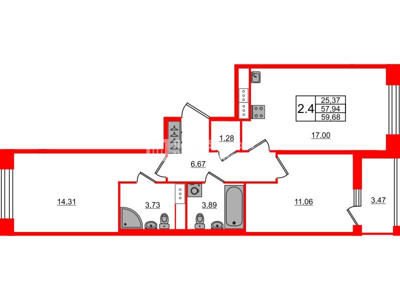 Квартира в ЖК Астра Континенталь, 2 комнатная, 57.94 м², 7 этаж