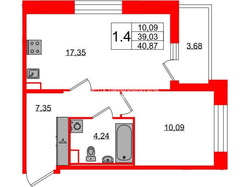 Квартира в ЖК Астра Континенталь, 1 комнатная, 39.03 м², 1 этаж