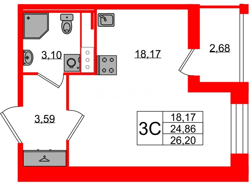 Квартира в ЖК Астра Континенталь, студия, 24.86 м², 11 этаж