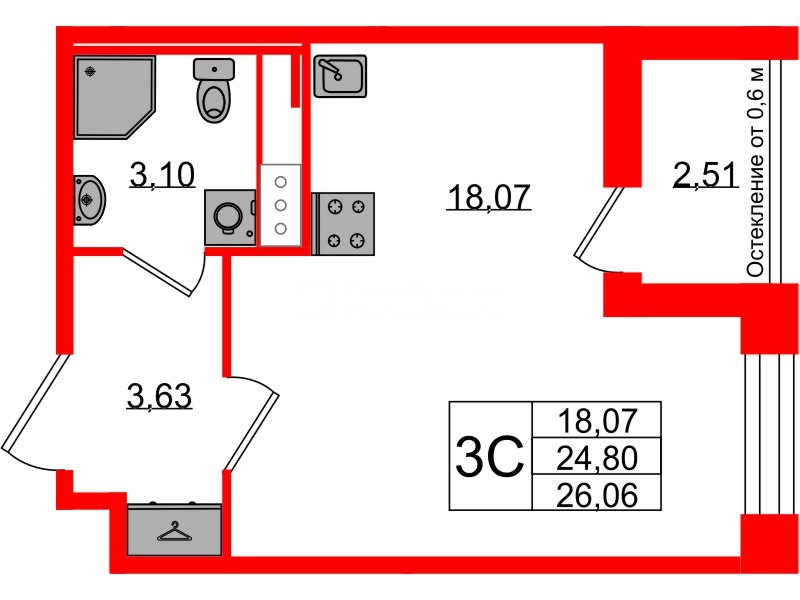 Квартира в ЖК «Астра Континенталь», студия, 24.8 м², 11 этаж