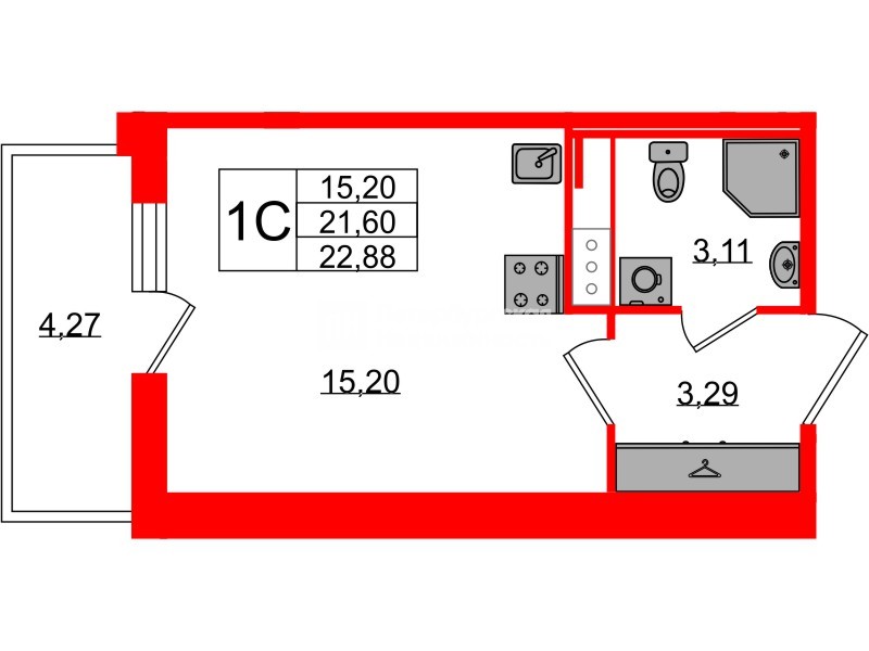 Квартира в ЖК «Астра Континенталь», студия, 21.6 м², 9 этаж