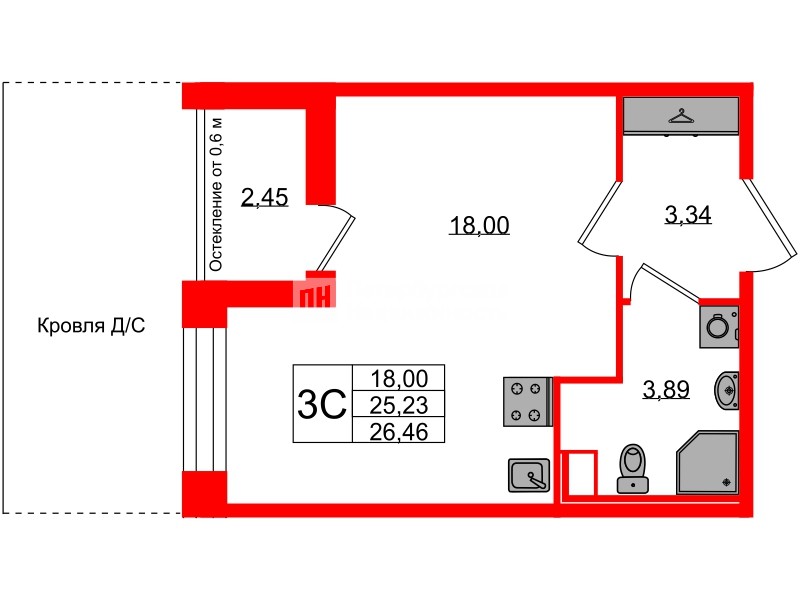 Квартира в ЖК Астра Континенталь, студия, 25.23 м², 3 этаж