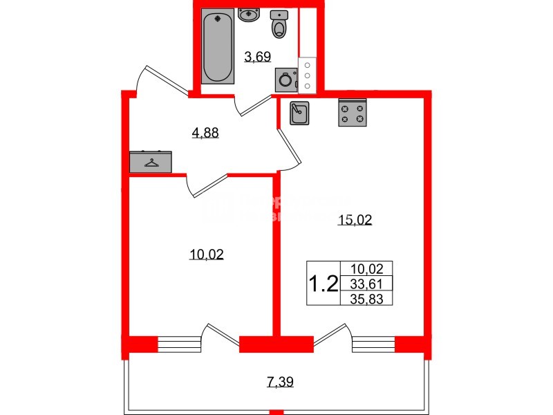 Квартира в ЖК Астра Континенталь, 1 комнатная, 33.61 м², 6 этаж