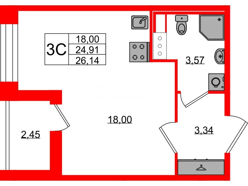 Квартира в ЖК Астра Континенталь, студия, 24.91 м², 8 этаж