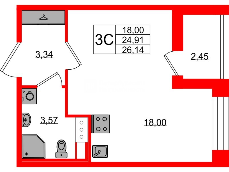 Квартира в ЖК Астра Континенталь, студия, 24.91 м², 5 этаж