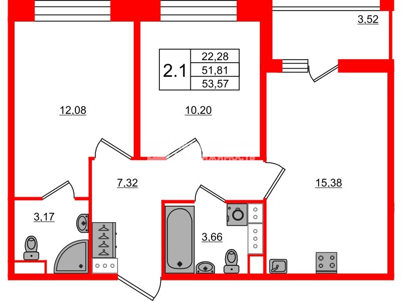 Квартира в ЖК Астра Континенталь, 2 комнатная, 51.81 м², 9 этаж