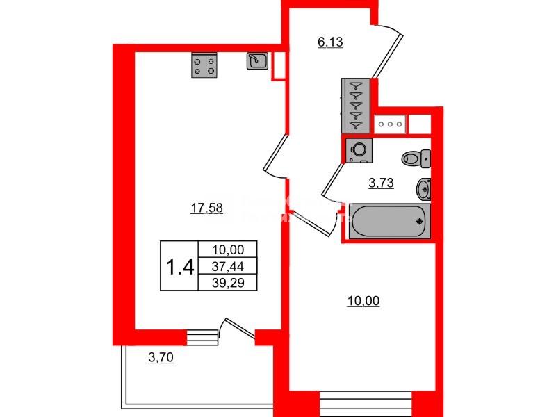 Квартира в ЖК Астра Континенталь, 1 комнатная, 37.44 м², 9 этаж