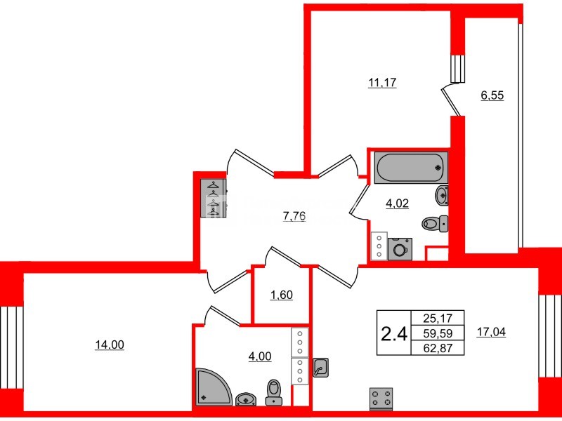Квартира в ЖК Астра Континенталь, 2 комнатная, 59.59 м², 6 этаж