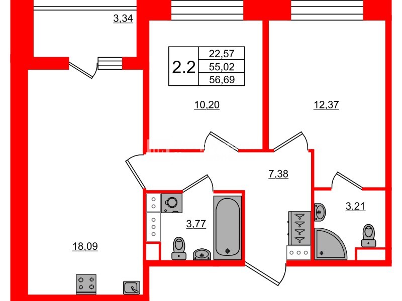 Квартира в ЖК Астра Континенталь, 2 комнатная, 55.02 м², 2 этаж