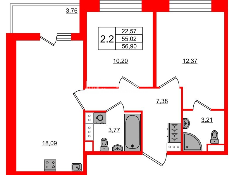 Квартира в ЖК Астра Континенталь, 2 комнатная, 55.02 м², 3 этаж