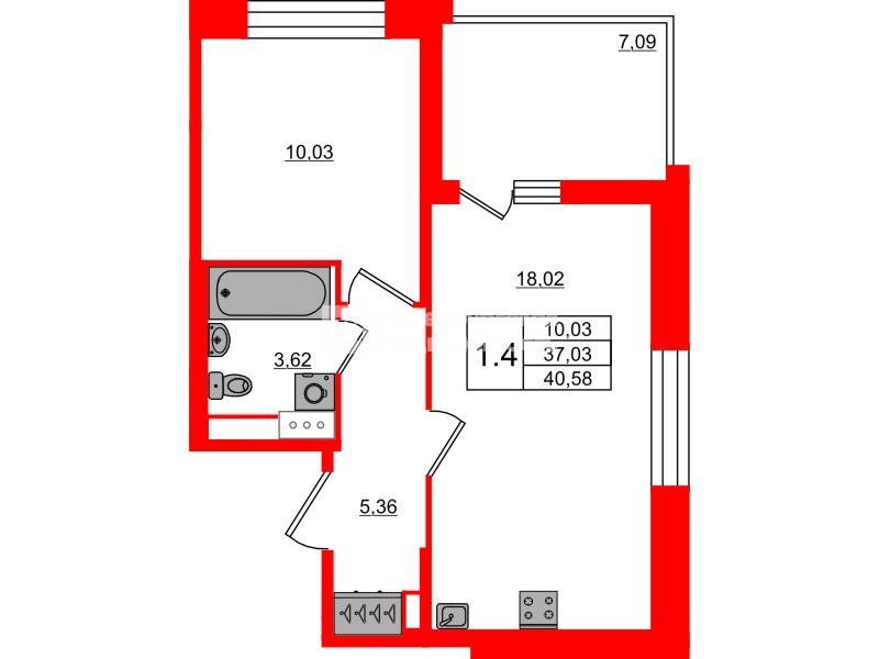 Квартира в ЖК Астра Континенталь, 1 комнатная, 37.03 м², 8 этаж
