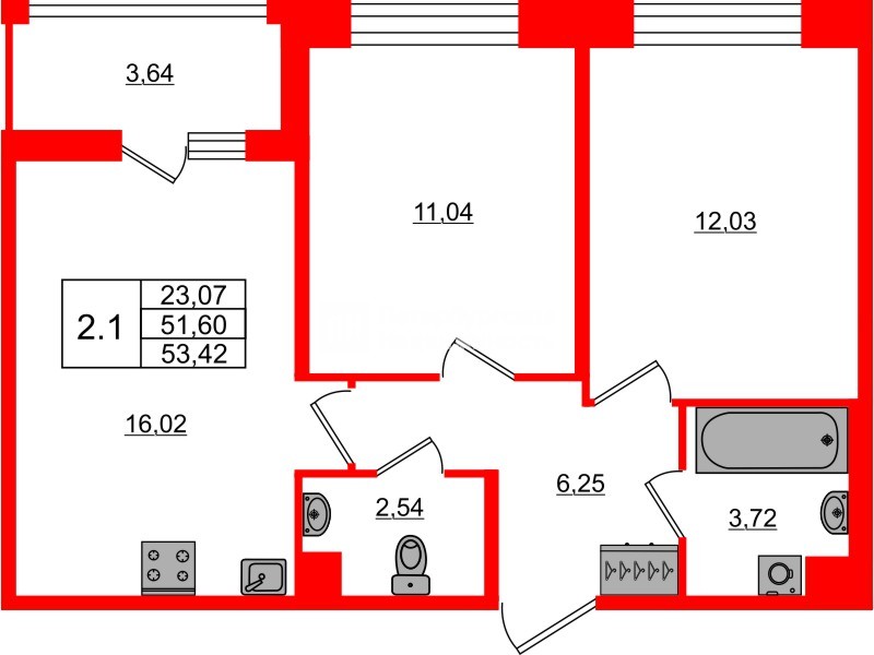 Квартира в ЖК Астра Континенталь, 2 комнатная, 51.6 м², 2 этаж