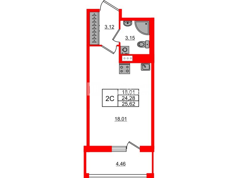 Квартира в ЖК Астра Континенталь, студия, 24.28 м², 11 этаж