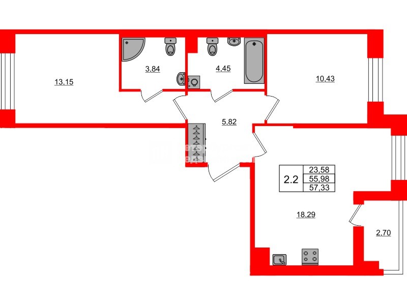 Квартира в ЖК Астра Континенталь, 2 комнатная, 55.98 м², 2 этаж
