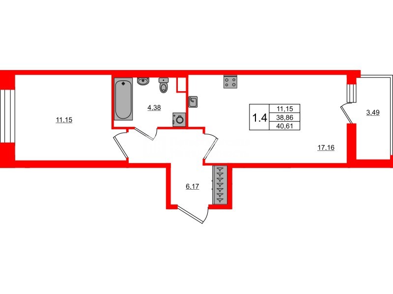 Квартира в ЖК Астра Континенталь, 1 комнатная, 38.86 м², 2 этаж