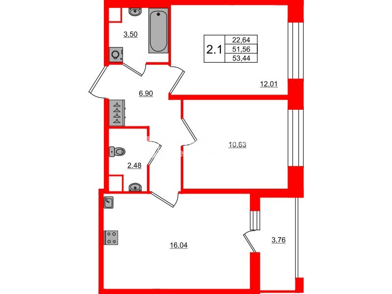 Квартира в ЖК Астра Континенталь, 2 комнатная, 51.56 м², 2 этаж