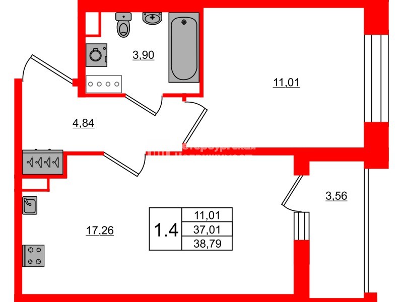 Квартира в ЖК Астра Континенталь, 1 комнатная, 37.01 м², 2 этаж