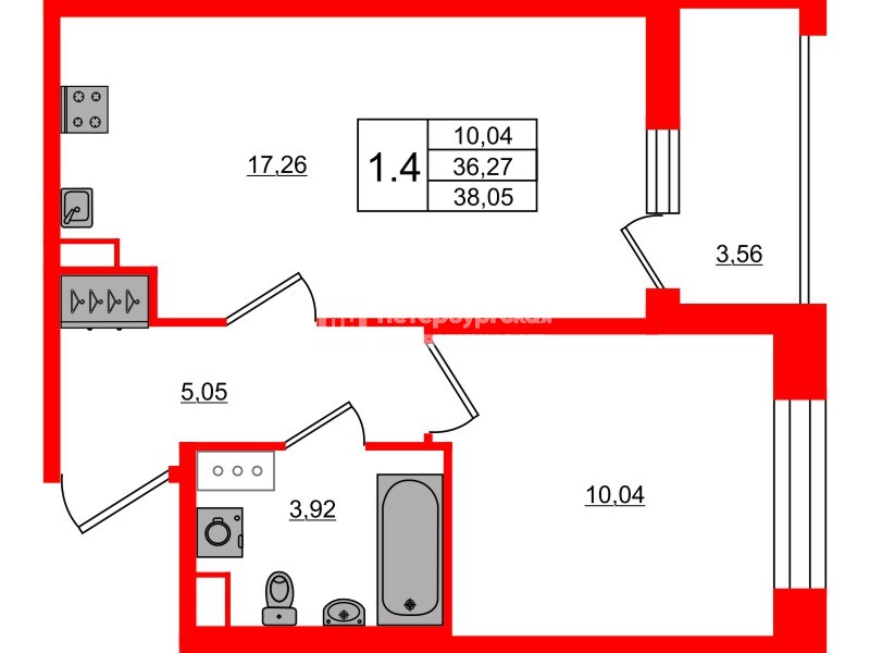 Квартира в ЖК Астра Континенталь, 1 комнатная, 36.27 м², 8 этаж