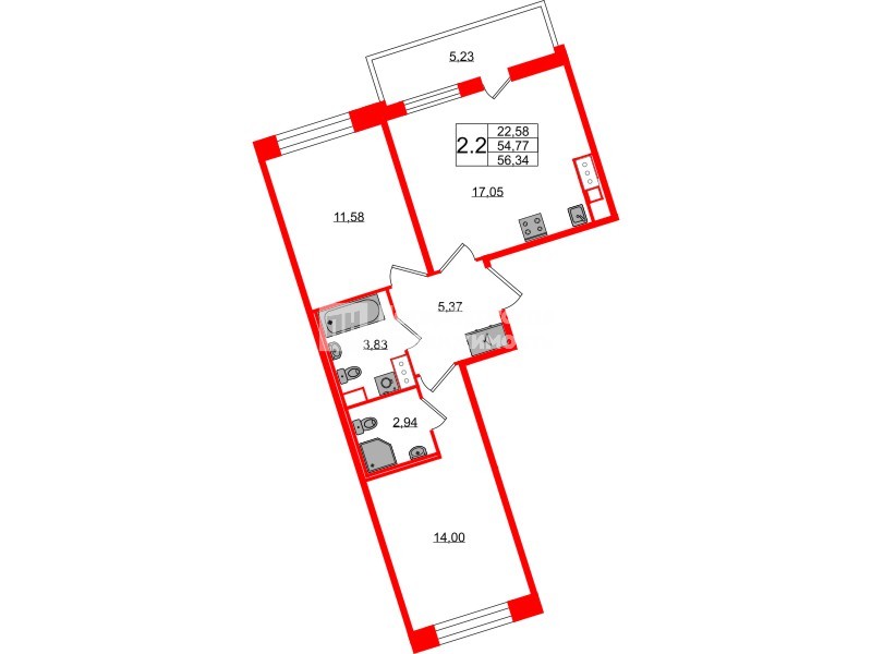 Квартира в ЖК Астра Континенталь, 2 комнатная, 54.77 м², 7 этаж
