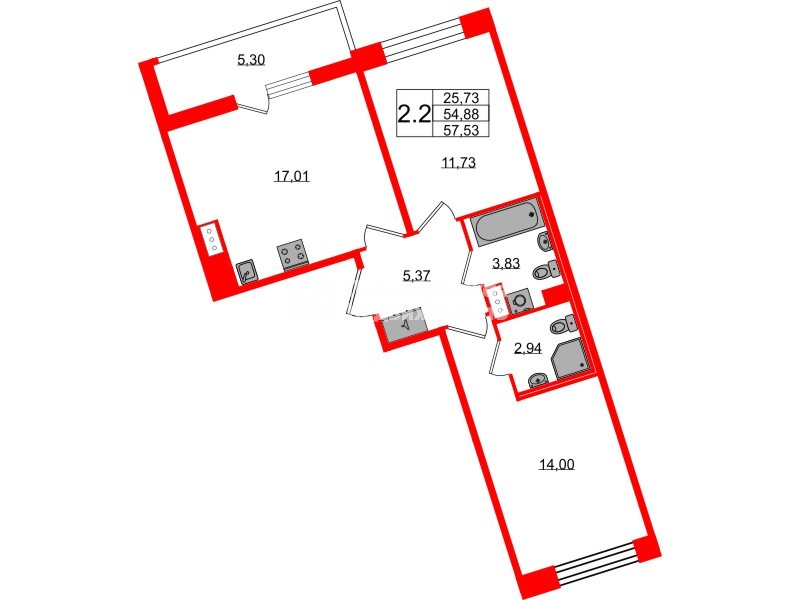 Квартира в ЖК Астра Континенталь, 2 комнатная, 54.88 м², 10 этаж