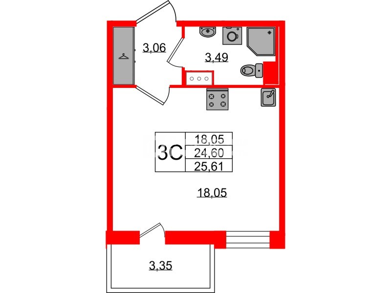 Квартира в ЖК Астра Континенталь, студия, 24.6 м², 9 этаж