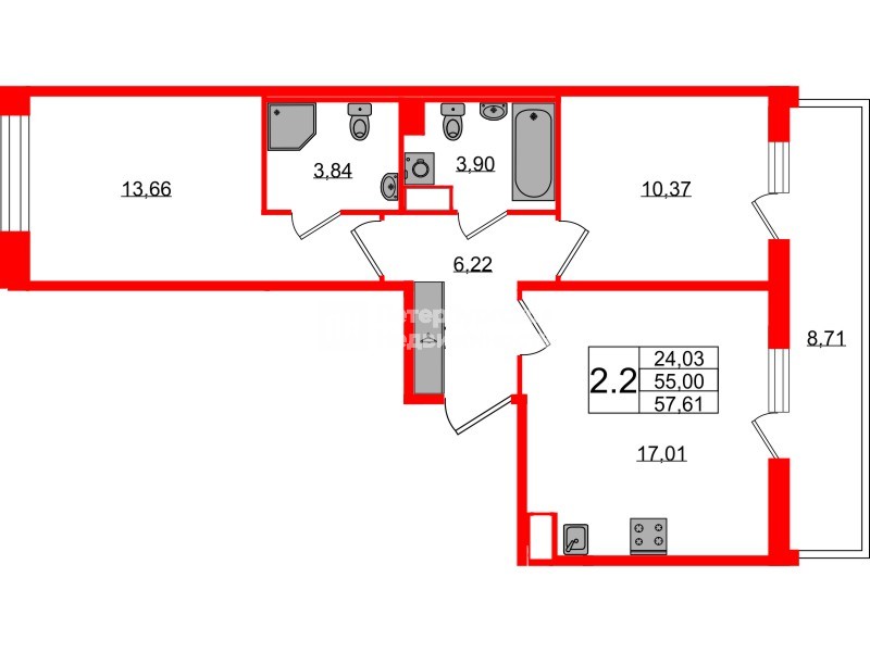 Квартира в ЖК Астра Континенталь, 2 комнатная, 55 м², 10 этаж