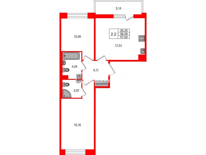 Квартира в ЖК Астра Континенталь, 2 комнатная, 56.08 м², 2 этаж