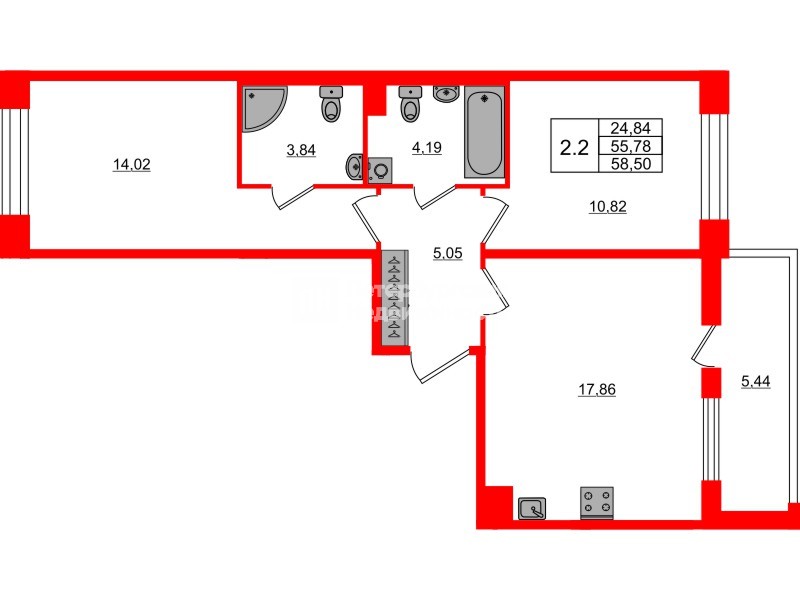Квартира в ЖК Астра Континенталь, 2 комнатная, 55.78 м², 2 этаж