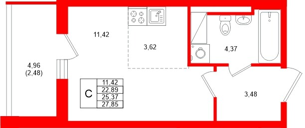 Планировка — Студия квартира, 25,4 м² в ЖК «Аквилон Верба»
