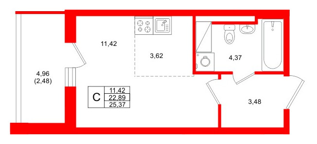 Планировка — Студия квартира, 25,4 м² в ЖК «Аквилон Верба»