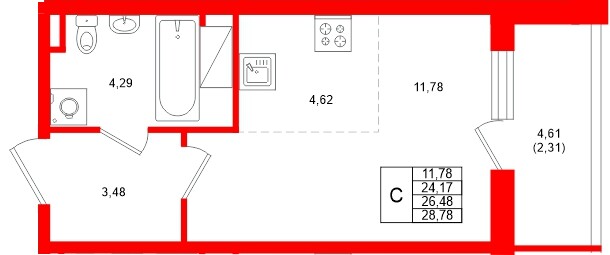 Планировка — Студия квартира, 26,5 м² в ЖК «Аквилон Верба»